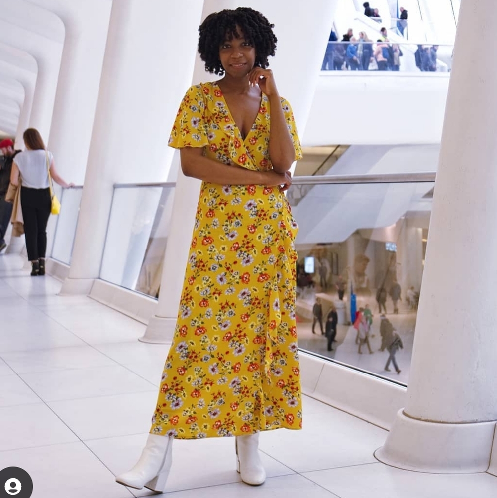 Yellow Floral Wrap Midi Dress Cottagecore Spring Dress Small
